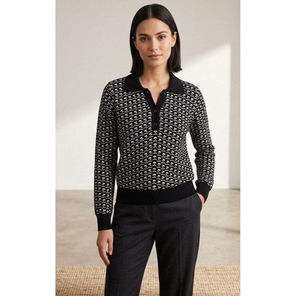 Adrianna Papell Sweater Womens Large Black White Geometric Knit Polo Collared L